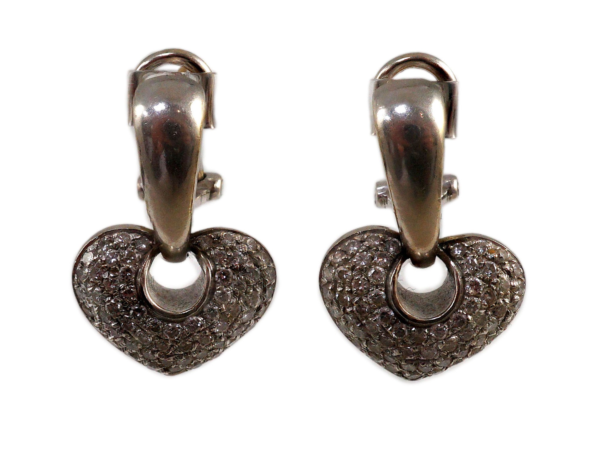 A modern pair of Italian 18ct white gold and pave set diamond heart shaped earrings, by Chimento
